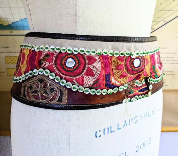 Embroidered belt tribal shell buttons Banjara lea… - image 2