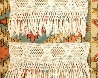 2 crocheted lace fringed window valance curtains cream cotton hippie boho decor 14 x 24 inch