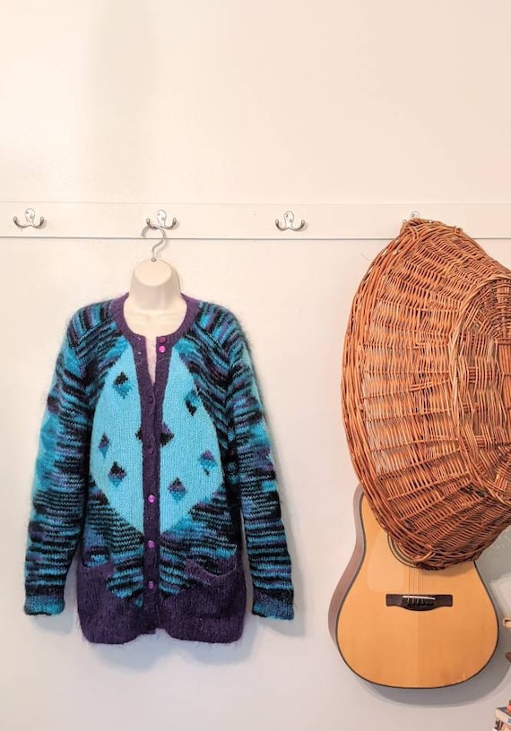 Mohair hand knit XL teal purple cardigan pockets 8