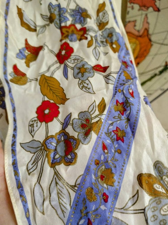 Silk head scarf 70's gypsy floral 8 x 64 inch gold - image 1