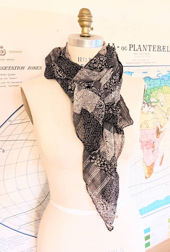 Black white chiffon scarf patchwork pattern 23 x 6