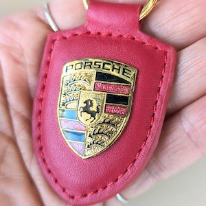 Porsche red leather badge keychain