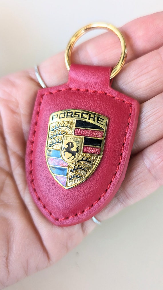 Porsche red leather badge keychain