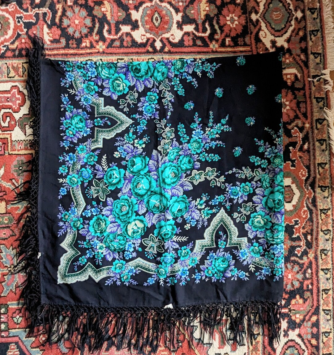 Wool Shawl Blue Roses Pavolvo Posad 60 Inch - Etsy