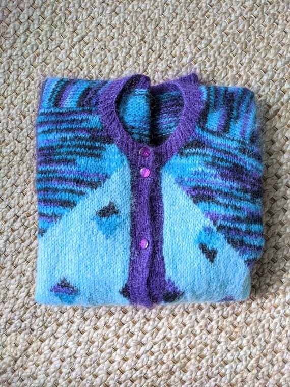 Mohair hand knit XL teal purple cardigan pockets … - image 6