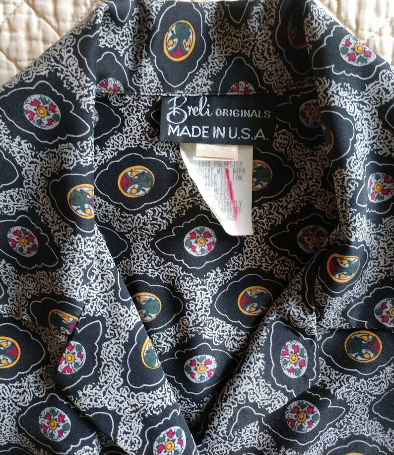 80/'s secretary dress puff sleeve pleated skirt Medium black white romantic pattern