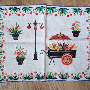 Natürliche Leinen Platzmat Midcentury Blumenwagen Druck