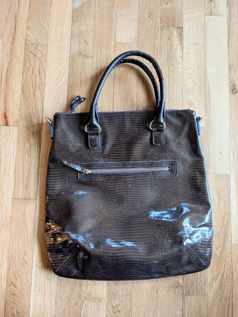 Pallie Bags bronze patent satchel reptile pattern