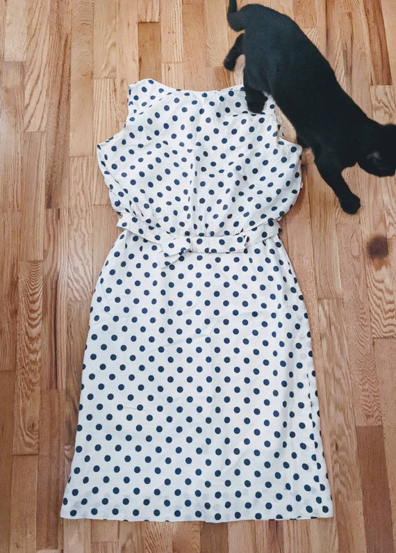 Silk wiggle dress navy polka dots medium 50's - image 1