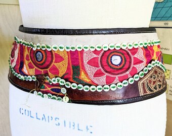 Embroidered belt tribal shell buttons Banjara leather