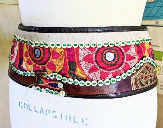 Embroidered belt tribal shell buttons Banjara lea… - image 1