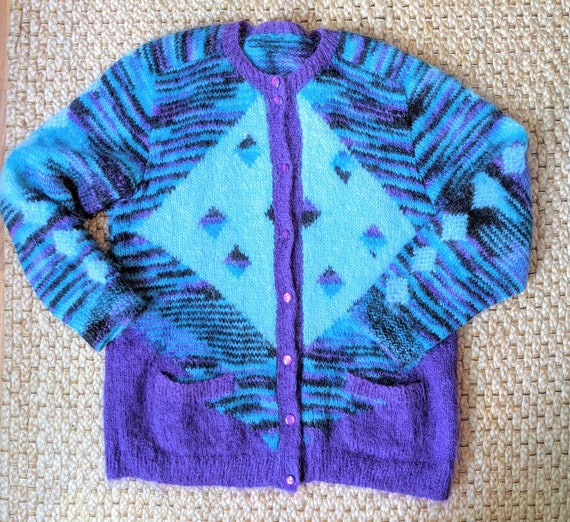 Mohair hand knit XL teal purple cardigan pockets … - image 4