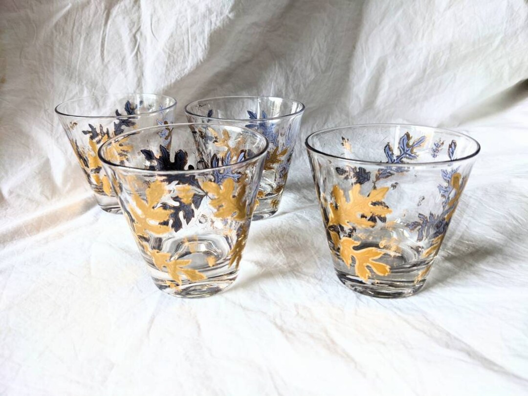Midcentury Lowball Cocktail Glasses Golden Leaves Etsy