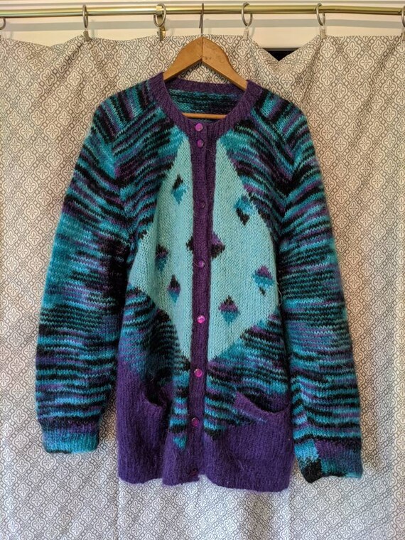 Mohair hand knit XL teal purple cardigan pockets … - image 8