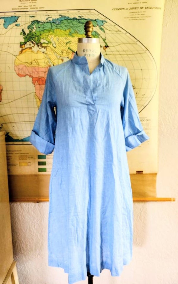 70's blue lawn trapeze dress S/M - image 2