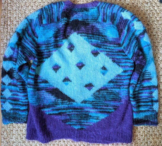 Mohair hand knit XL teal purple cardigan pockets … - image 7