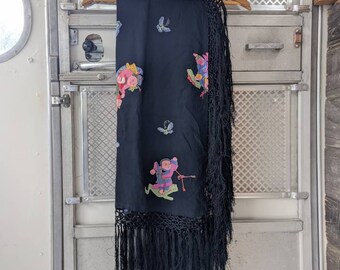 Rayon crepe shawl fringe piano scarf charming Chinese children print 46 x 46 inch black