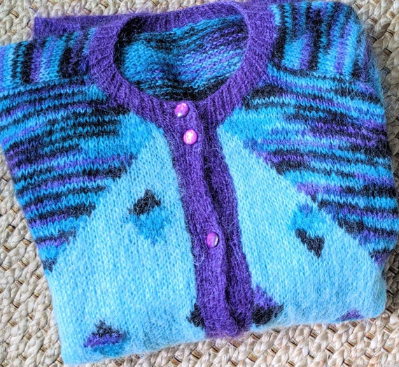 Mohair hand knit XL teal purple cardigan pockets … - image 5