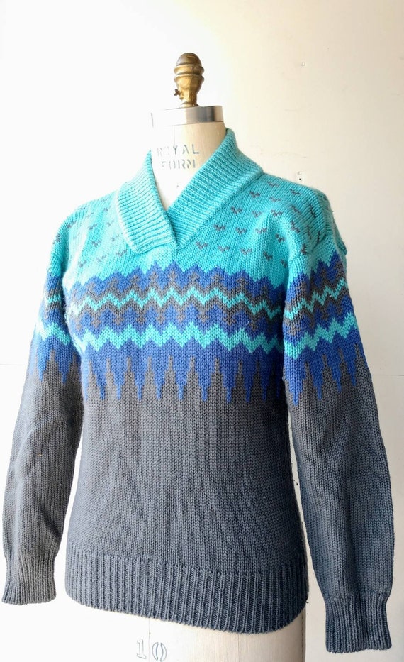80's ski sweater women's S/M all wool aqua gray No