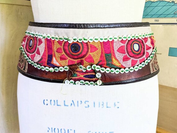 Embroidered belt tribal shell buttons Banjara lea… - image 3