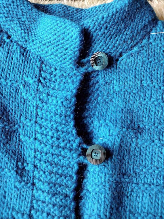 Handknit teal wool balloon sleeve sweater thick wa