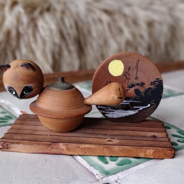 pot de chat Kokeshi vintage figurine en bois peinte à la main