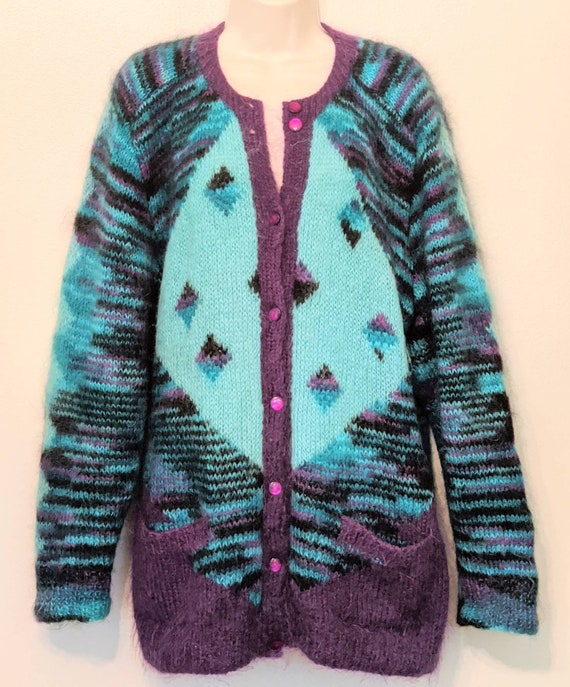 Mohair hand knit XL teal purple cardigan pockets … - image 1