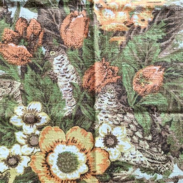 Pheasants and flowers bark cloth remnant sage green 21 x 27 inch