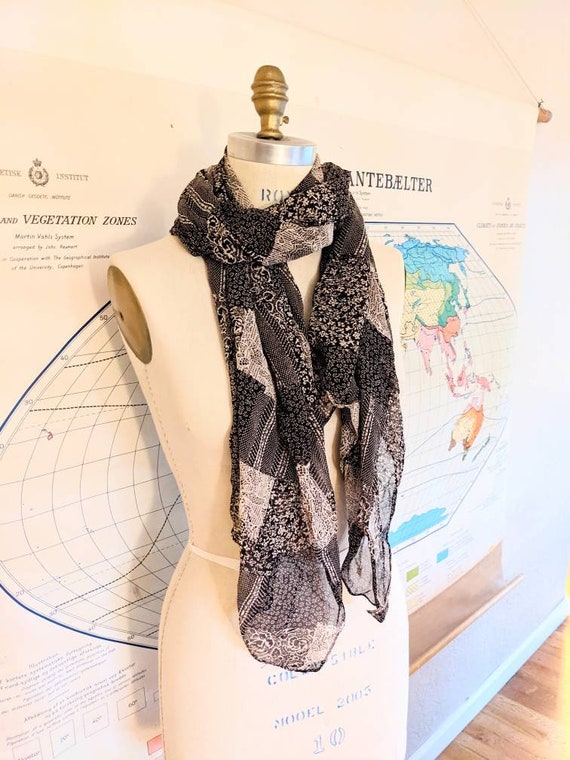 Black white chiffon scarf patchwork pattern 23 x … - image 2