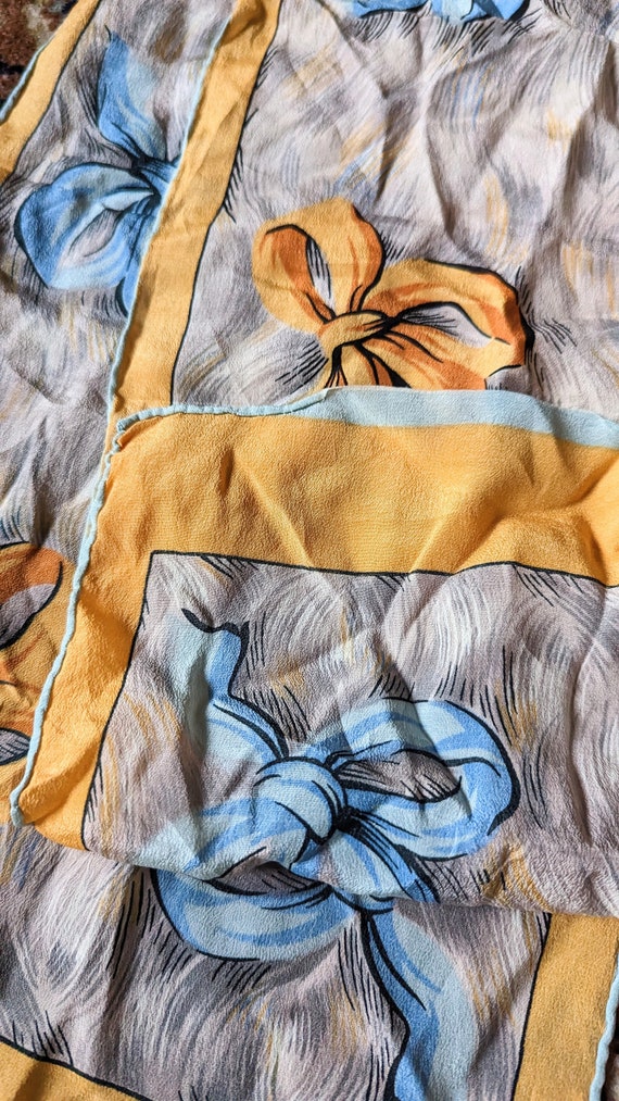 Silk chiffon oblong scarf bow print midcentury