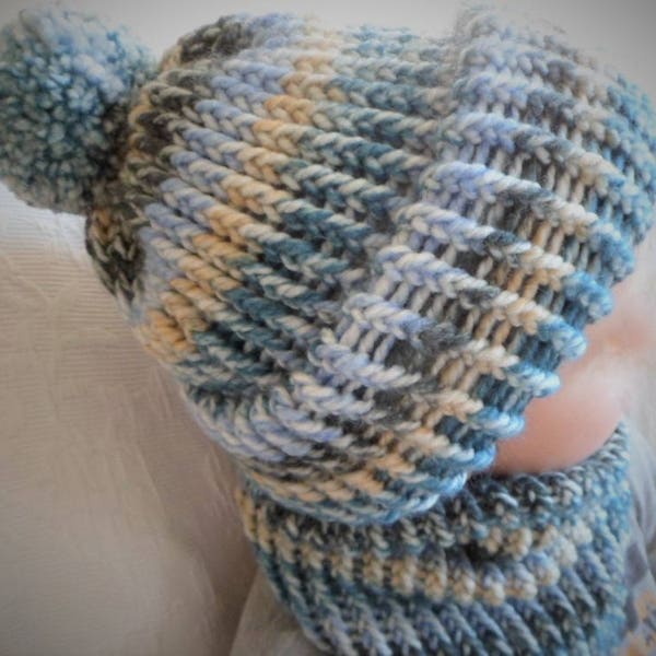 Écharpe snood et bonnet adulte bleu beige gris