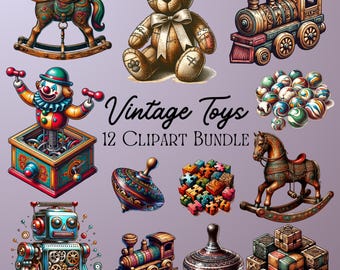 12 Vintage Toy Themed Clip Art Bundle-Digital PNG Files, Transparent Background 300dpi