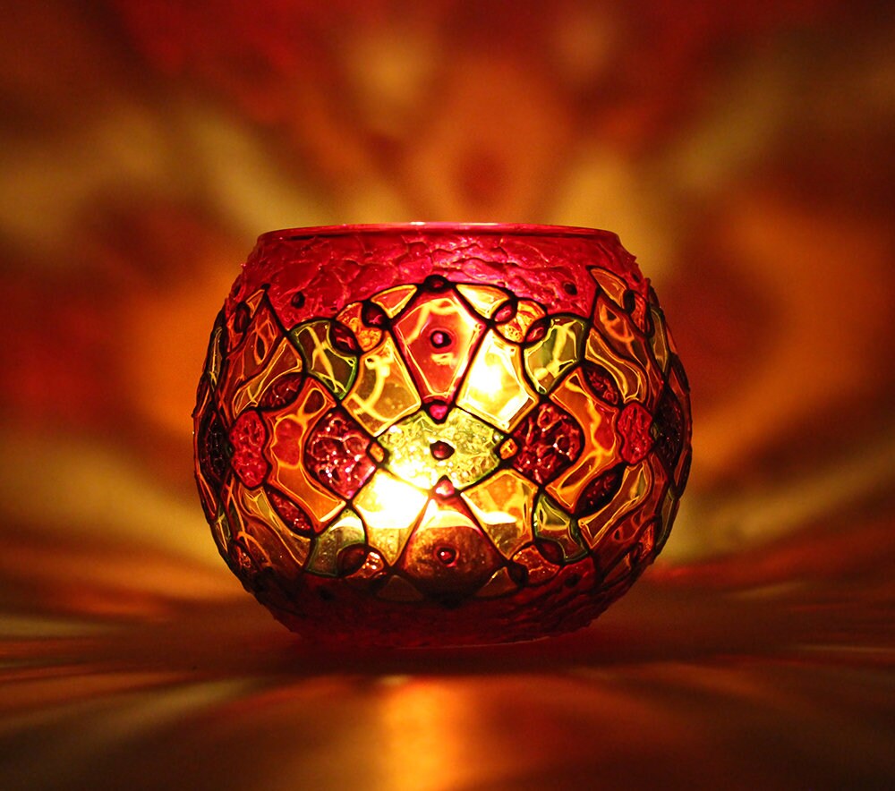 Red Kaleidoscope Candle Holder Birthday Gift Mosaic Etsy