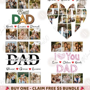 Pu&ograve; includere: Una collezione di regali fotografici personalizzati per la festa del pap&agrave;. I design includono collage a forma di cuore, la parola "DAD" con foto di famiglia e le frasi "Best Dad" e "We love you". L'immagine include anche il testo "BUY ONE - CLAIM FREE $5 BUNDLE".