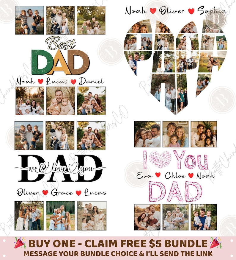 Pu&ograve; includere: Una collezione di regali fotografici personalizzati per la festa del pap&agrave;. I design includono collage a forma di cuore, la parola "DAD" con foto di famiglia e le frasi "Best Dad" e "We love you". L'immagine include anche il testo "BUY ONE - CLAIM FREE $5 BUNDLE".