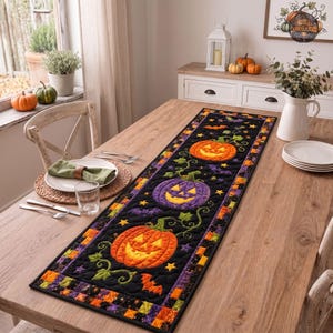 Classic Halloween Quilt Table Runner, Jack Lantern Trio Table Decor, Patchwork Bat Table Linen, Halloween Party Gift, Pumpkin Vine Decor