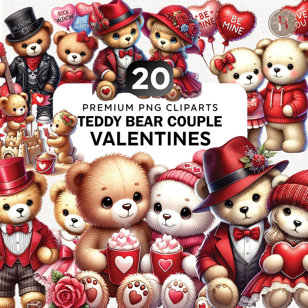 20 Watercolor Valentines Teddy Bear Couple Clipart Bundle, Teddy Bear ...