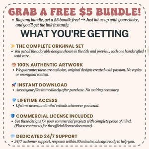 Pu&ograve; includere: Una grafica promozionale con il testo "GRAB A FREE $5 BUNDLE!". Elenca i vantaggi tra cui il set originale completo, opere d'arte autentiche, download immediato, accesso a vita, licenza commerciale e supporto dedicato 24/7.