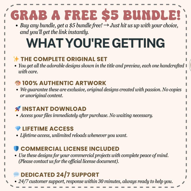 Pu&ograve; includere: Una grafica promozionale con il testo "GRAB A FREE $5 BUNDLE!". Elenca i vantaggi tra cui il set originale completo, opere d'arte autentiche, download immediato, accesso a vita, licenza commerciale e supporto dedicato 24/7.