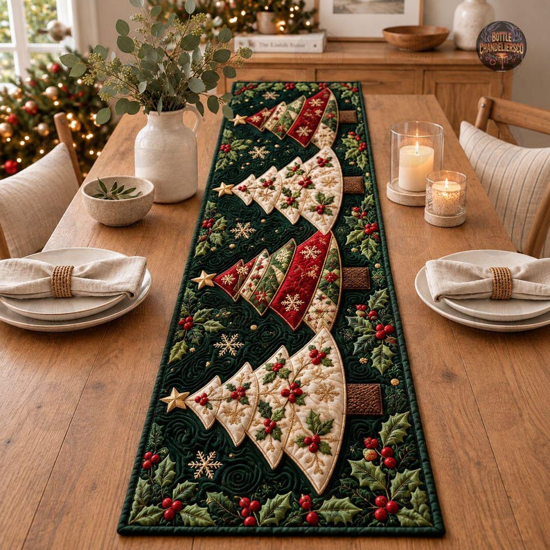 3D Christmas Trees Quilt Table Runner, Patchwork Pine Art Table Runner ...