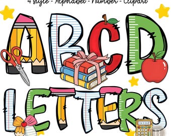 School Doodle Png Bundle, Hand Drawn Font PNG School Letters, Teacher Alphabet Png, Preppy Student Png, 4 Png Bundle, 135 Png