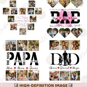 Pu&ograve; includere: Una collezione di regali fotografici personalizzati per la festa del pap&agrave;. I design includono collage con foto di famiglia, la parola "DAD" e frasi come "To The World You May Be One Person, But To Me You Are The World!" e "PAPA The Myth The Legend The Hero."