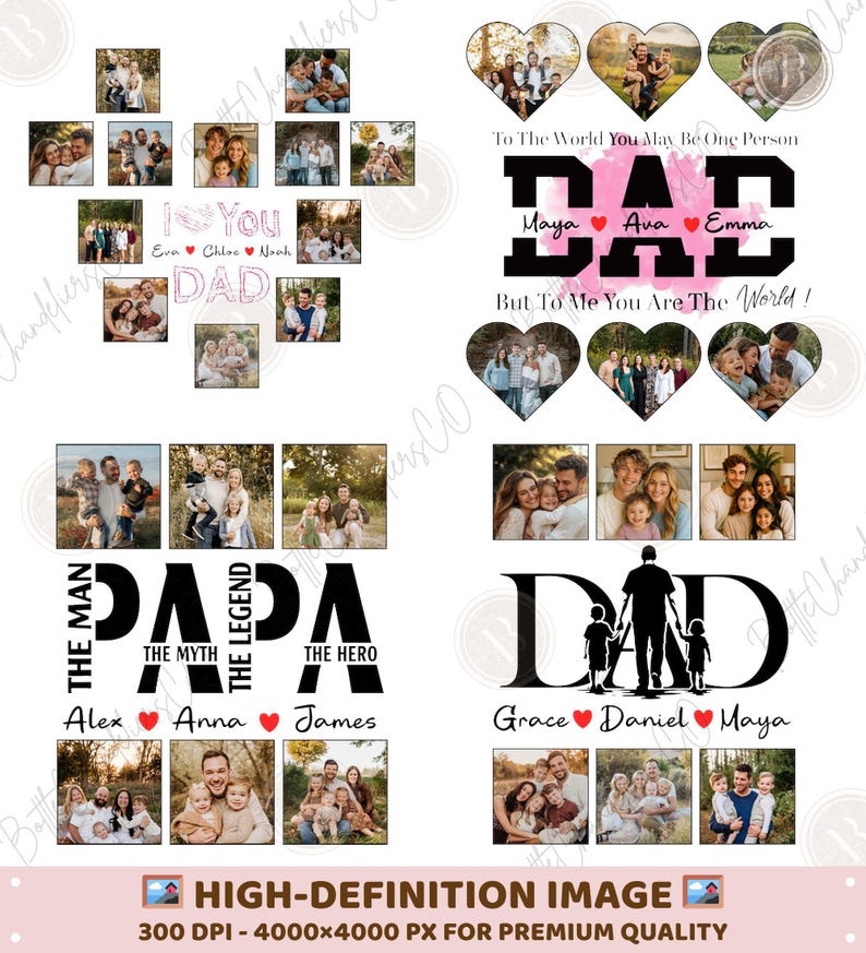 Pu&ograve; includere: Una collezione di regali fotografici personalizzati per la festa del pap&agrave;. I design includono collage con foto di famiglia, la parola "DAD" e frasi come "To The World You May Be One Person, But To Me You Are The World!" e "PAPA The Myth The Legend The Hero."