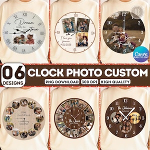 Könnte beinhalten: Sechs individuelle Foto-Uhr-Designs auf cremefarbenen T-Shirts. Jede Uhr zeigt ein einzigartiges Design mit Familienfotos, römischen Ziffern und verschiedenen Textelementen. Die Uhren sind rund und haben unterschiedliche Stile.