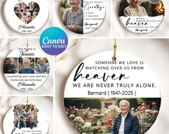 May include: White ceramic memorial ornaments with gold string for hanging. Each ornament features a photograph and text, including names and dates. Designs include hearts, photos, and phrases like "Forever in our Hearts."
