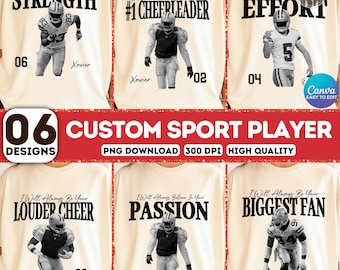 May include: A collection of six cream-colored t-shirts featuring football player graphics. Each shirt has a different design, including phrases like "Strength," "#1 Cheerleader," and "Biggest Fan." The shirts are customizable.