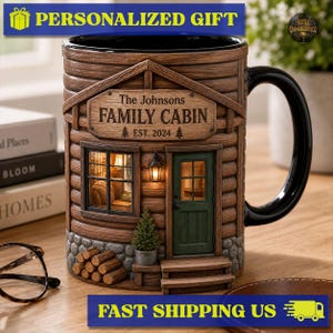 Personalized Family Log Cabin Mug, Cabin Lover Lifestyle Coffee Mug, Rustic Mountain Home Decor Gift, Lodge Living Mug, Family Keepsake