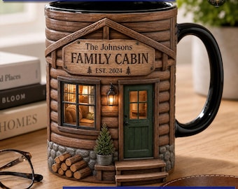 Personalized Family Log Cabin Mug, Cabin Lover Lifestyle Coffee Mug, Rustic Mountain Home Decor Gift, Lodge Living Mug, Family Keepsake