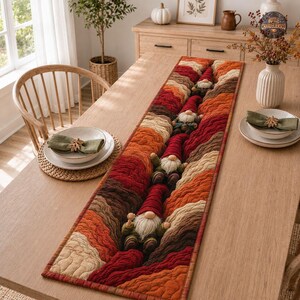 Autumn Gnomes Quilt Table Runner, Fall Gnome Quilt Table Runner, Woodland Harvest Table Decor, Rustic Farmhouse Decor, Thanksgiving Gift