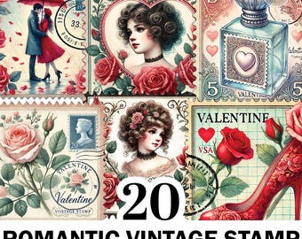 Watercolor Romantic Stamp Clipart Bundle, 20 PNG Vintage Stamp, Romantic Roses Clipart, Couple Png, XOXO Clipart, Love Letter Png